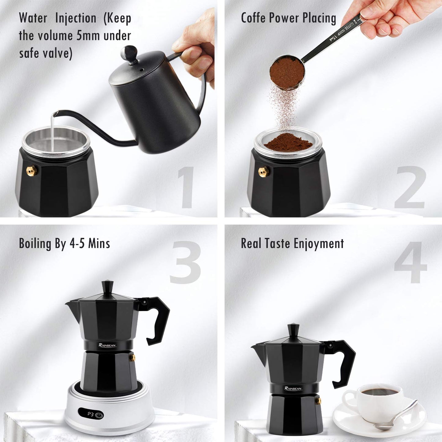 Espresso Cup Moka Pot Classic Cafe Maker Percolator Coffee Maker Italian Espresso for Gas or Electric Aluminum Black Gift package with 2 cups